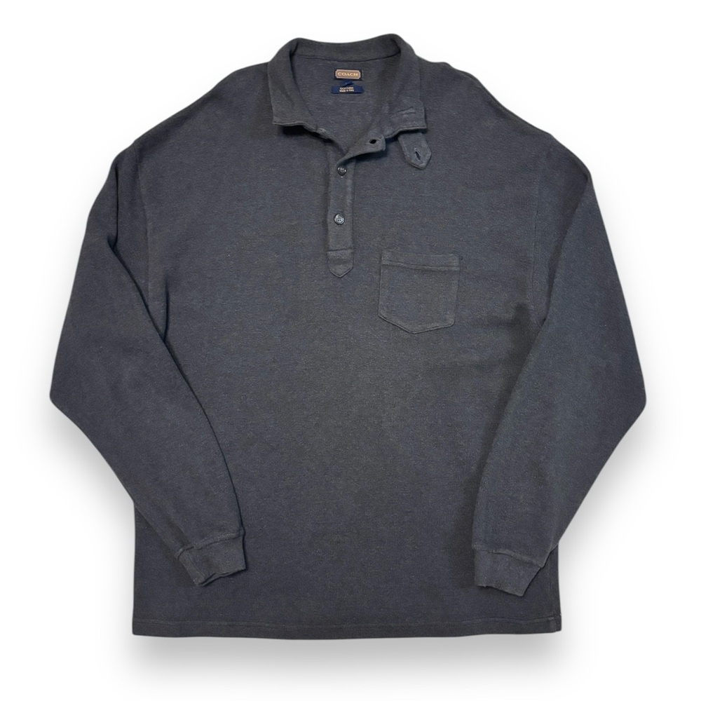 COACH Heavy Grey Ribbed Cotton Mock Neck Henley Pullover Sweater